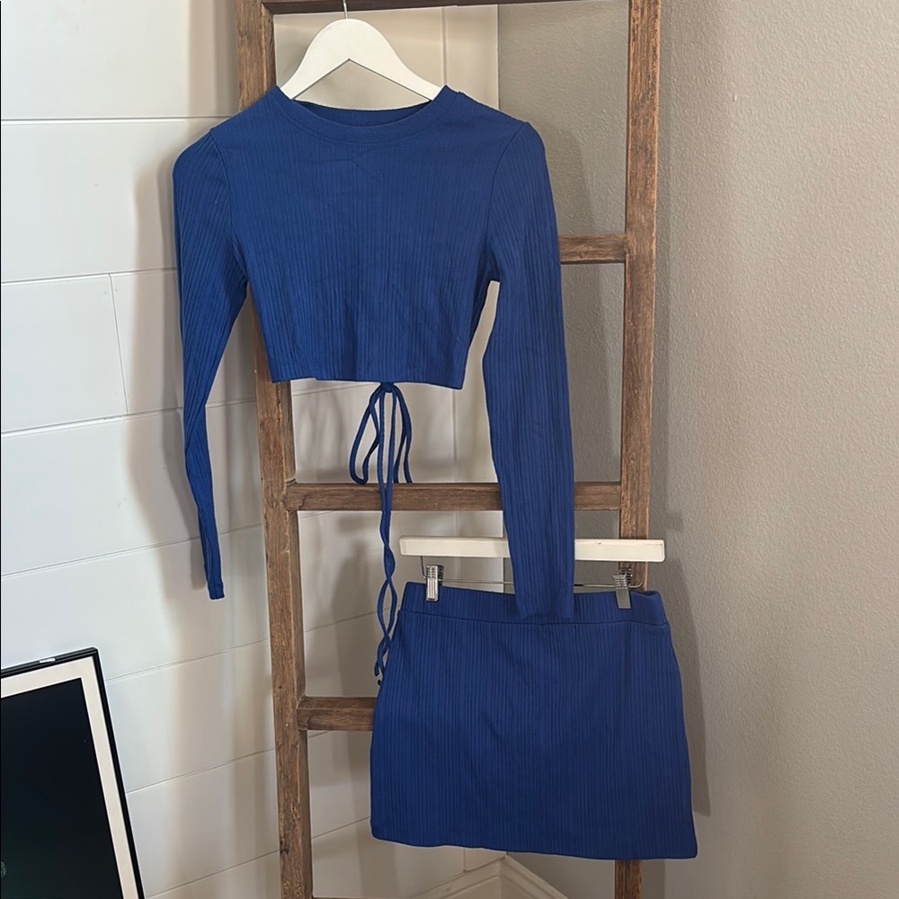 Solid and Striped Blue Long Sleeve Crop Top and Skirt Set